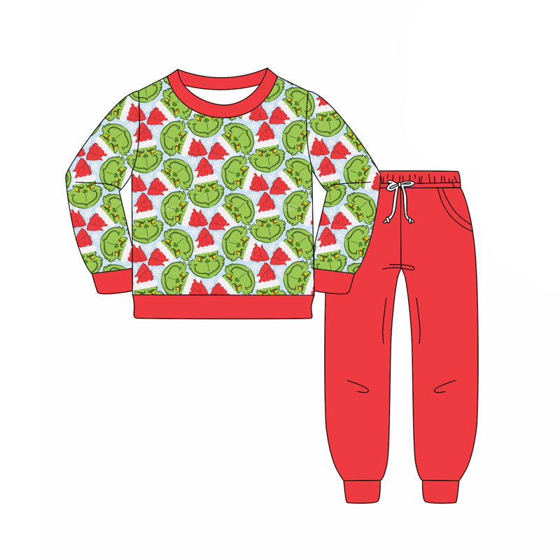 Preorder(moq 5) Baby Boys Green Face Plaid Top Pockets Legging Pants Christmas Set