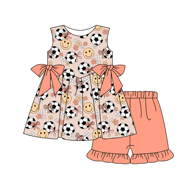 Preorder (moq 5)Baby Girls Peach Sleeveless Smiles Flowers Footballs Tunic Ruffle Short Set Preorder