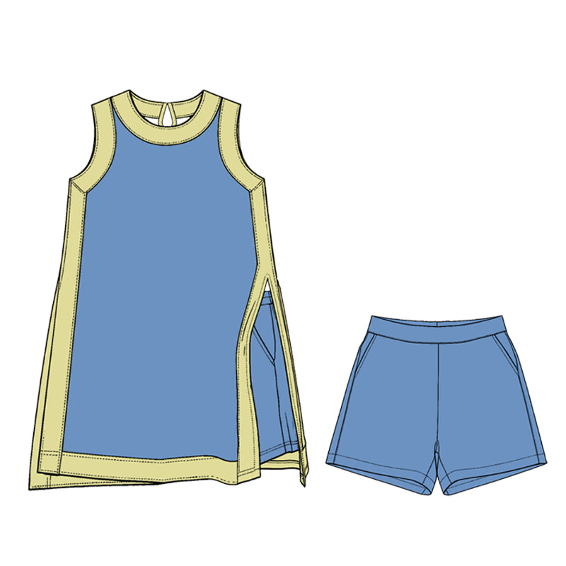 Preorder (moq 5)Adult Women Yellow Blue Split Skirt Pockets Short Clothes Sets