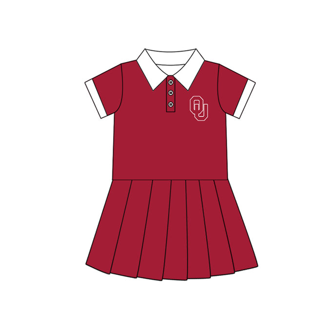 Preorder (moq 5)Baby Girls Red Short Sleeves Button OU Team Shorts Knee Length Dresses