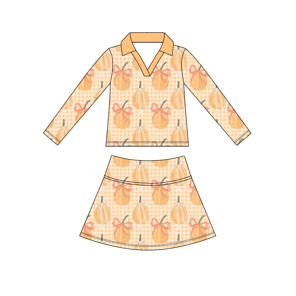 Preorder (moq 5)Baby Girls Pumpkins Bows Checked Top Skirt Shorts Fall Clothes Sets