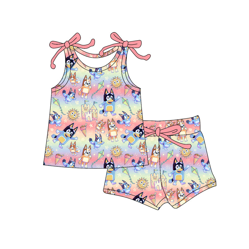 Preorder moq 5 Baby Girls Bows Sleeveless Cartoon Dogs Suns Top Short Set