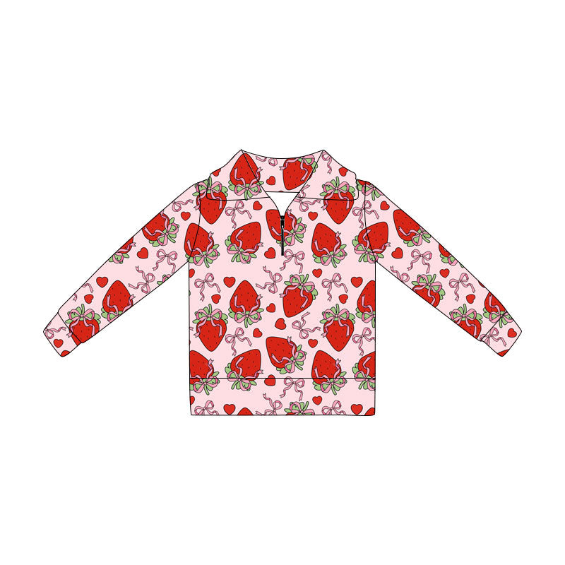 Preorder(moq 5) Baby Girls Bows Hearts Strawberry Valentine Zipper Pullovers Top
