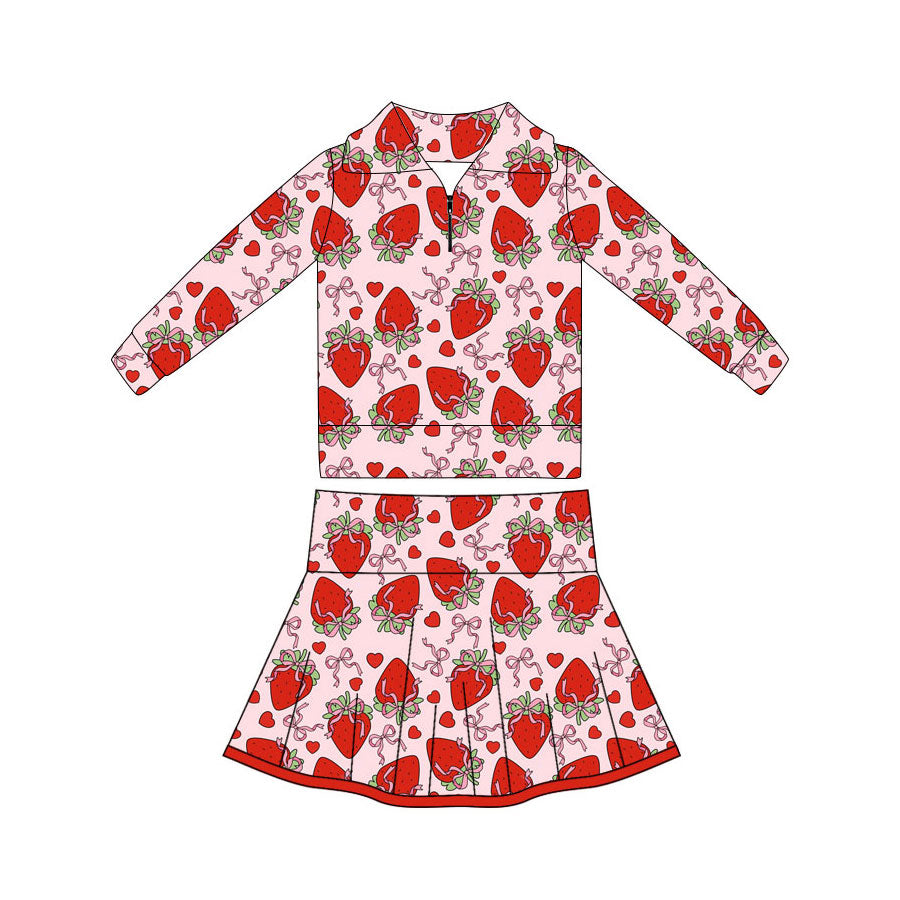 Preorder(moq 5) Baby Girls Bows Hearts Strawberry Zipper Pullovers Skirts Valentine Clothes Sets