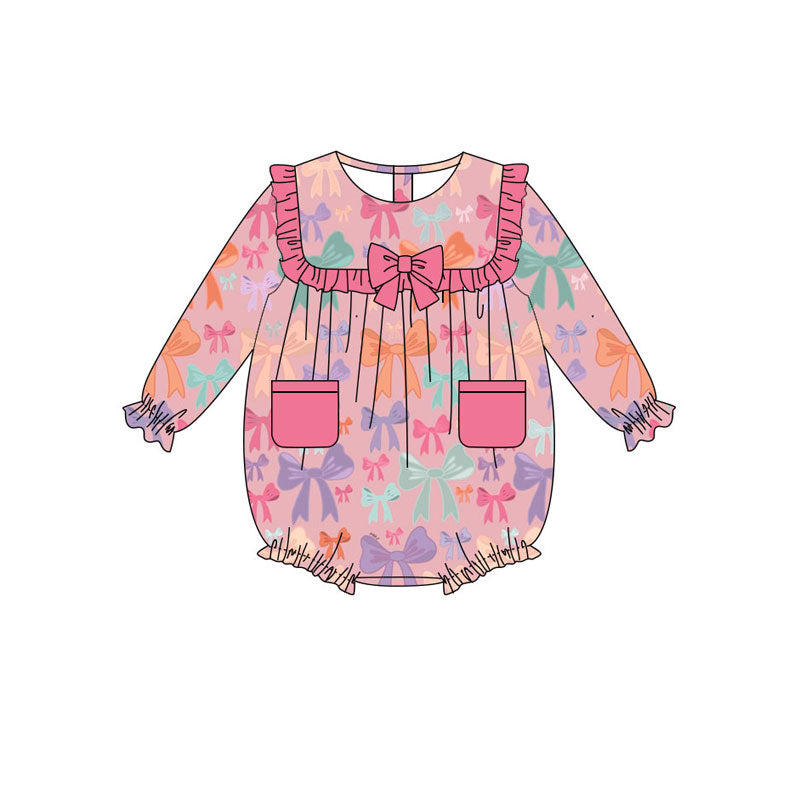 Preorder(moq 8)Baby Girls Colorful Bows Pockets Ruffle Sleeve Rompers