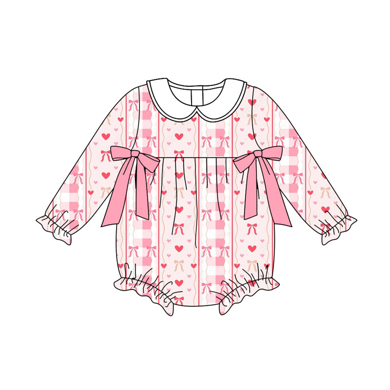Preorder(moq 5)Baby Girls Pink Hearts Bows Stripe Ruffle Rompers