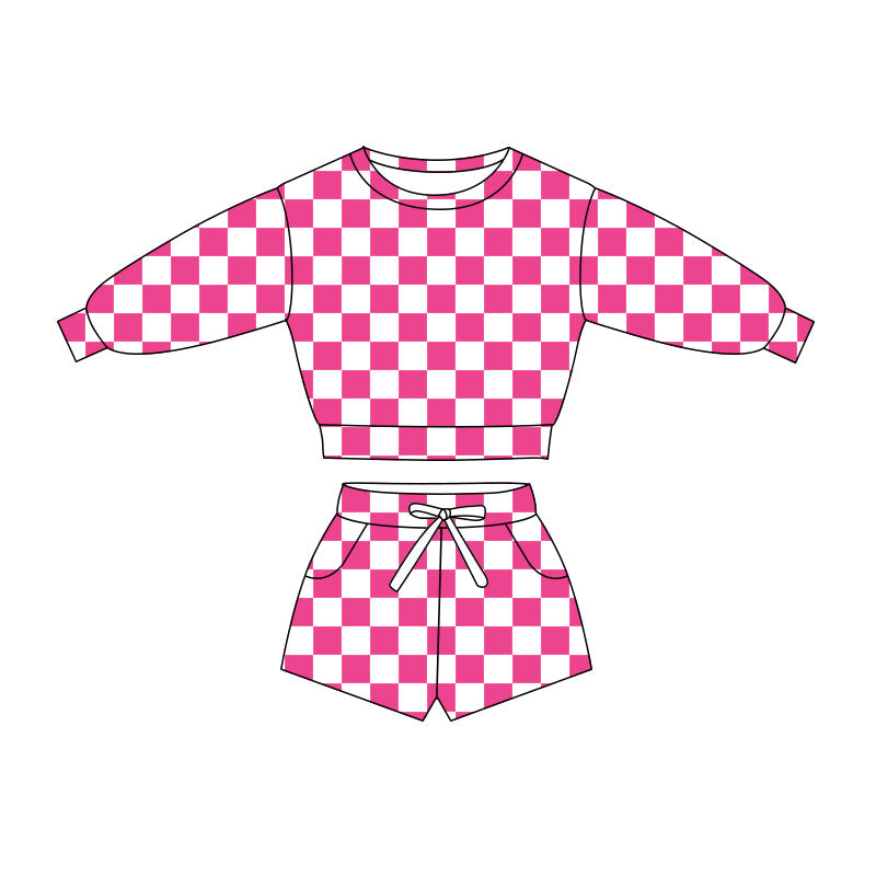 Preorder(moq 5) Baby Girls Pink Checked Long Sleeve Pockets Shorts Clothes Sets
