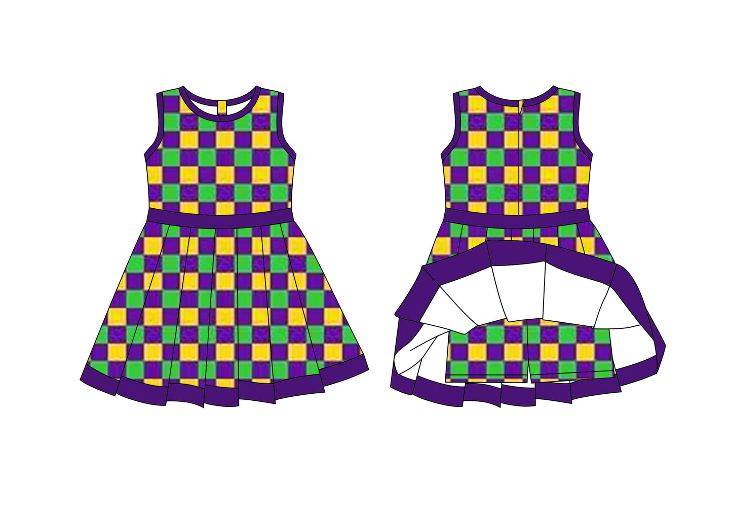 Preorder moq 8 Baby Girls Mardigras Checked Back Zip Shorts Ruffle Knee Length Dresses