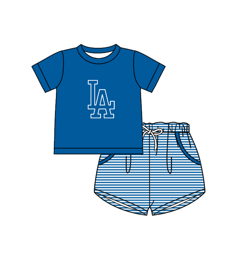 Preorder (moq 5)Baby Boys Blue LA Top Pockets Stripe Short Team Clothes Set