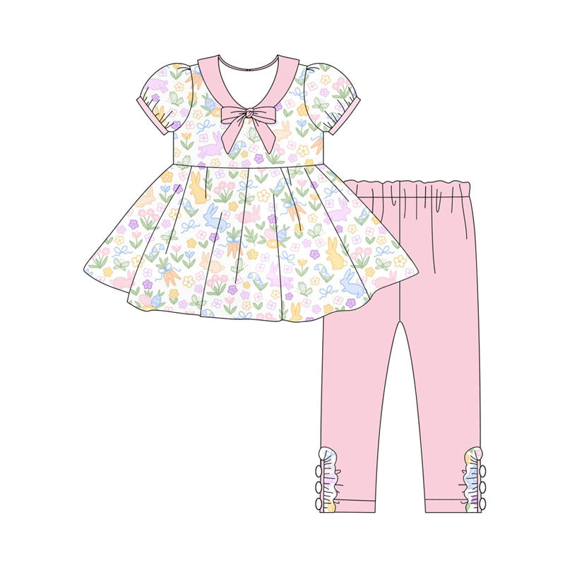 Preorder(moq 5) Baby Girls Rabbits Flowers Tunic Leggings Easter Clothes Sets