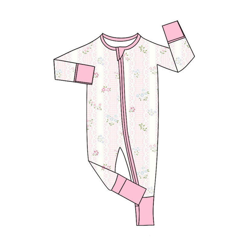 Preorder (moq 5)Baby Girls Pink Flower Hearts Stripe Zipper Footie Rompers