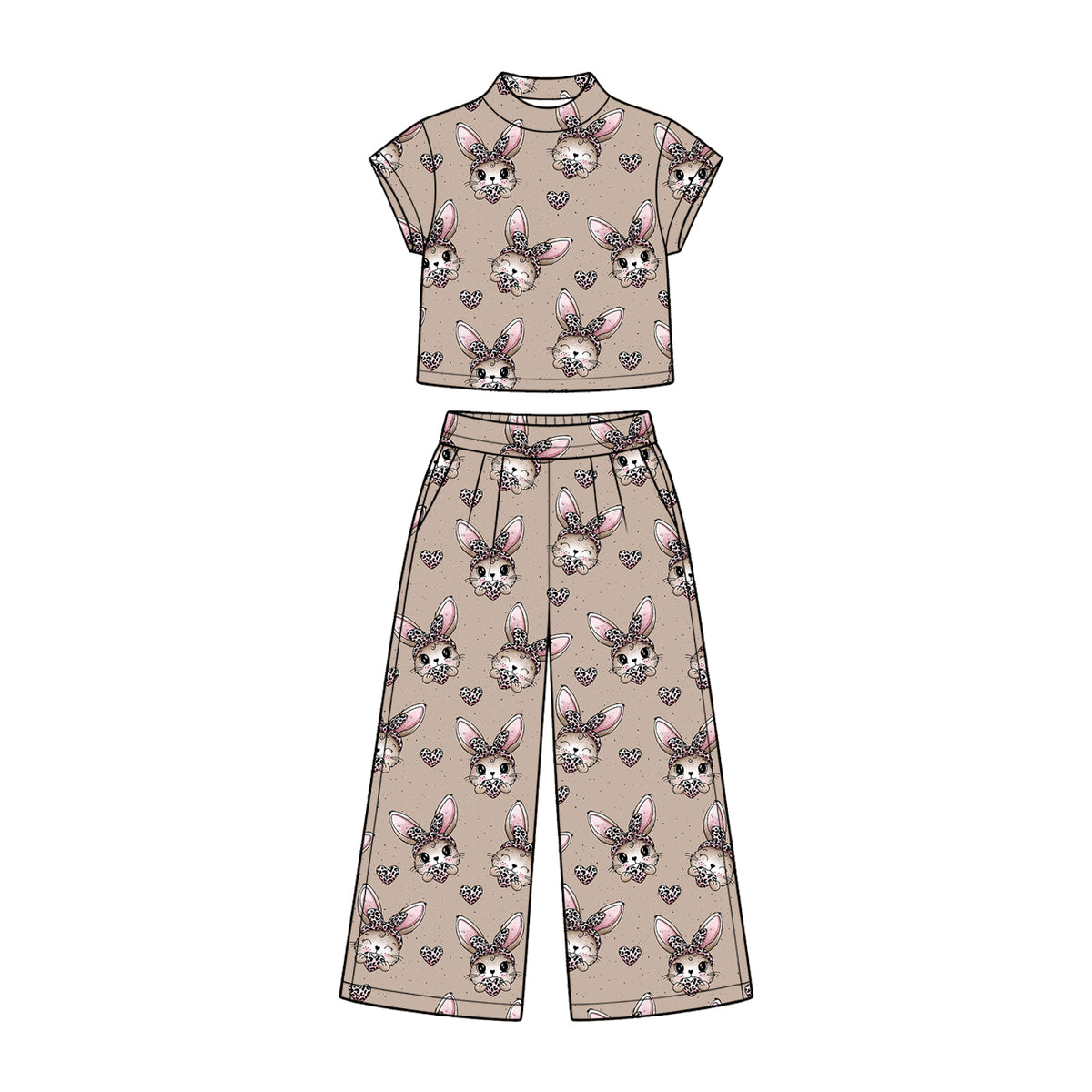 Preorder (moq 5) Baby Girl Clothes Leopard Heart Bunny Print Short Sleeve Wide Leg Pant Set