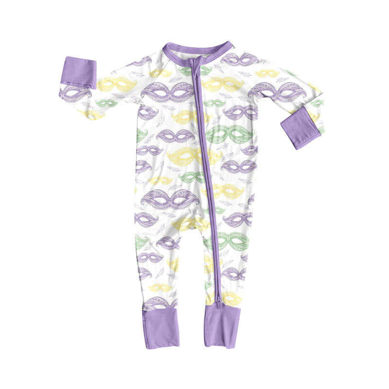 Preorder (moq 5)Baby Girls Masks Plaid Mardigras Zipper Footie Rompers