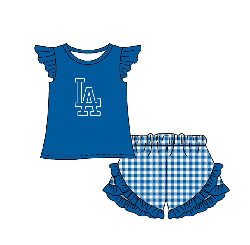 Preorder (moq 5)Baby Girls Blue LA Top Checked Ruffle Short Team Clothes Set