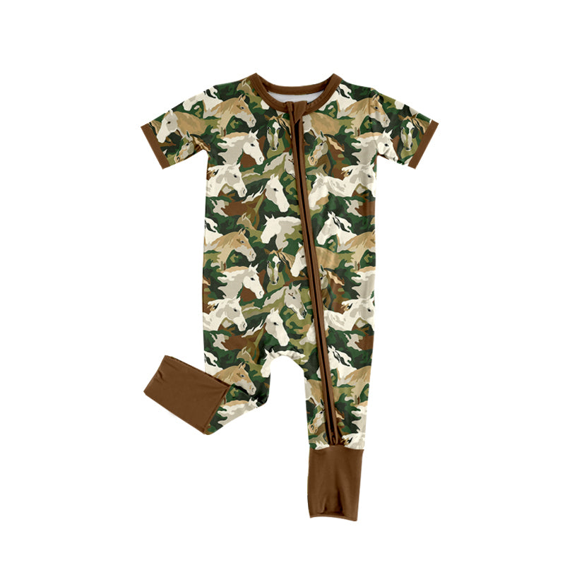 Preorder (moq 5)Baby Boys Green Short Sleeves Horses Zipper Rompers