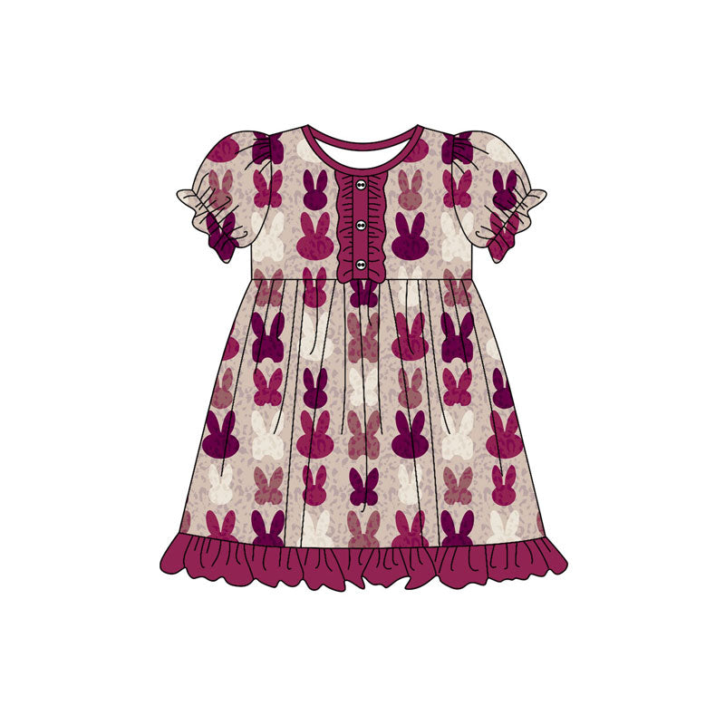 Preorder(moq 5) Baby Girls Hot Pink Rabbits Button Easter Ruffle Knee Length Dresses