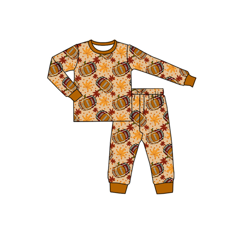 Preorder (moq 5)Baby Boys Long Sleeves Football Pumpkins Leaves Top Pant Pajamas Set