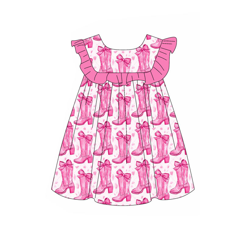 Preorder(moq 5) Baby Girls Sleeveless Pink Bows Boots Western Knee Length Dresses