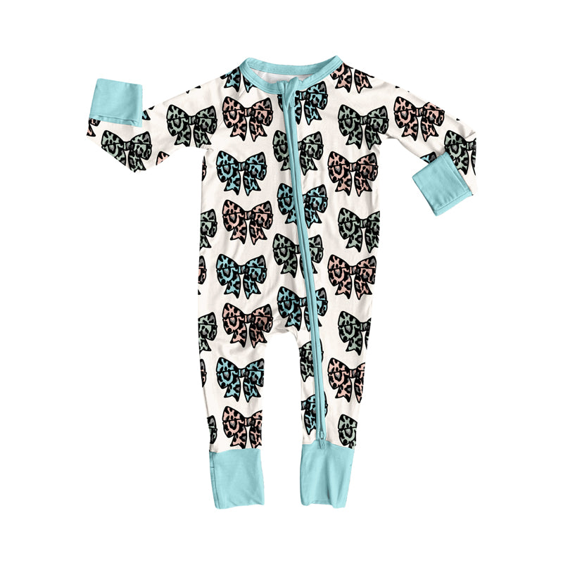 Preorder (moq 5)Baby Girls Long Sleeves Colorful Leopard Bows Plaid Zipper Romper