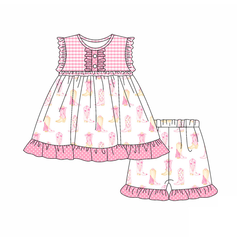 Preorder (moq 5)Baby Girls Pink Ruffle Sleeveless Button Boots Tunic Short Set