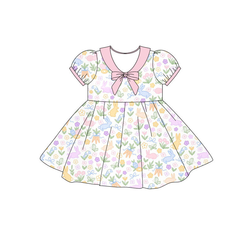 Preorder(moq 5) Baby Girls Short Ruffle Sleeve Rabbits Flowers Easter Knee Length Dresses