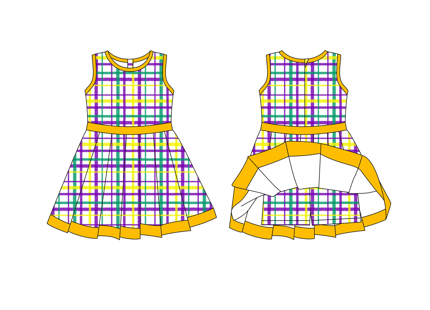 Preorder moq 8 Baby Girls Mardigras Checked Back Zip Shorts Ruffle Knee Length Dresses