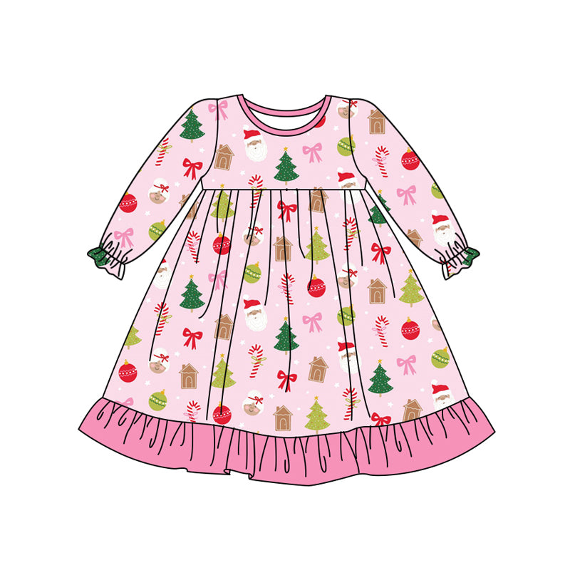 Preorder (moq 5)Baby Girls Pink Long Ruffle Sleeves Santa Trees Bows Knee Length Dresses