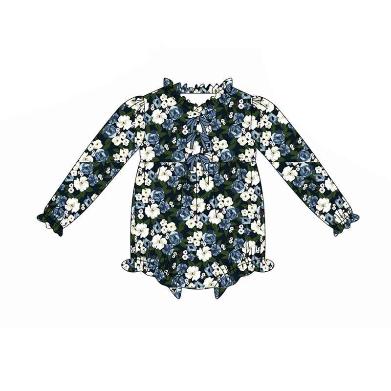 Preorder(moq 5)Baby Infant Girls Navy Flowers Button Ruffle Rompers