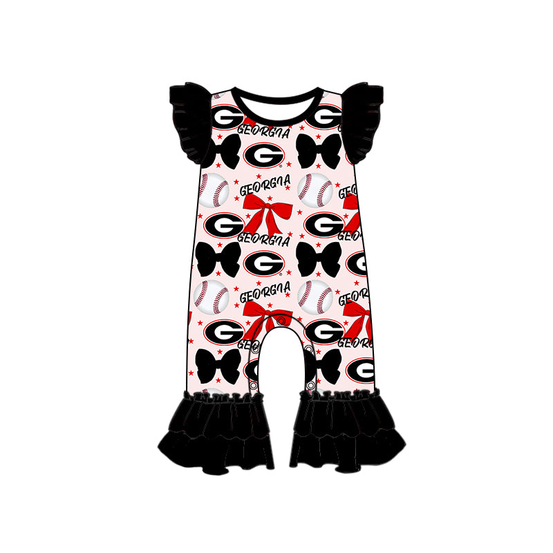 Preorder (moq 5)Baby Girls Black Flutter Sleeves Baseball Bows Georgia Ruffle Pant Team Rompers