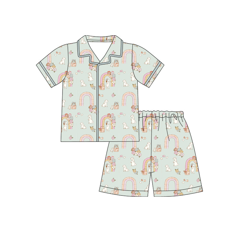 Preorder (moq 5)Baby Girls Eggs Rabbits Flowers Button Top Shorts Easter Pajamas Sets