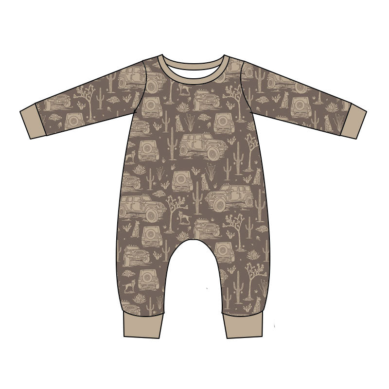 Preorder (moq 5)Baby Boys Long Sleeve Cactus Trucks Western Pant Rompers