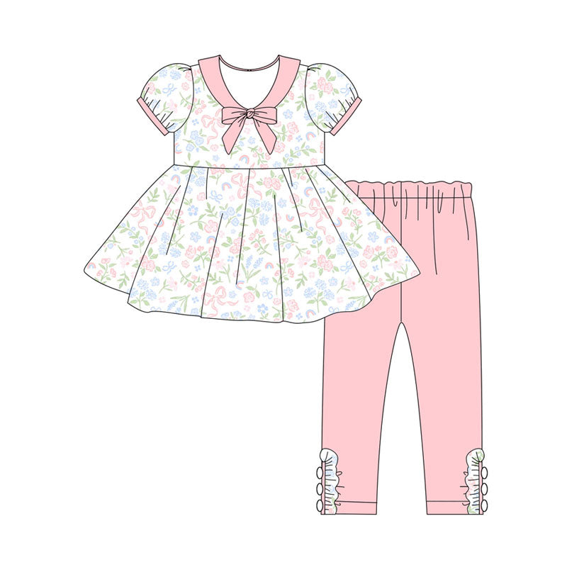 Preorder(moq 5) Baby Girls Short Ruffle Sleeve Bows Flowers Tunic Leggings Clothes Sets