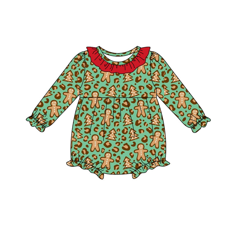 Preorder(moq 5)Baby Infant Girls Green Leopard Gingerbread Ruffle Christmas Rompers