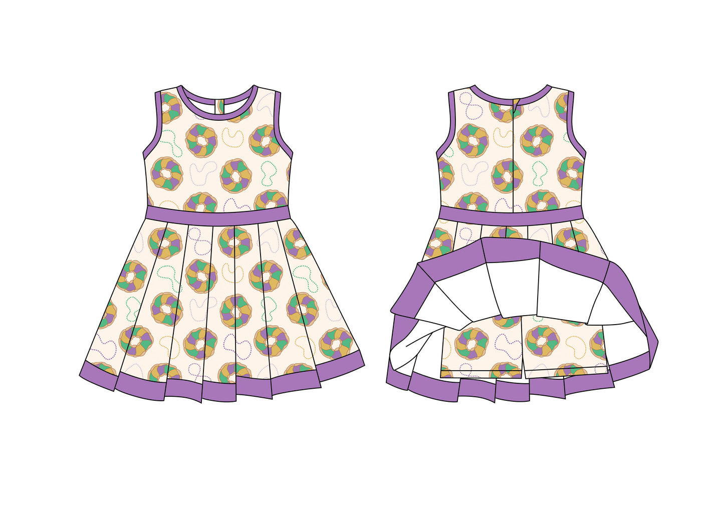 Preorder moq 8 Baby Girls Mardigras Donuts Back Zip Shorts Ruffle Knee Length Dresses