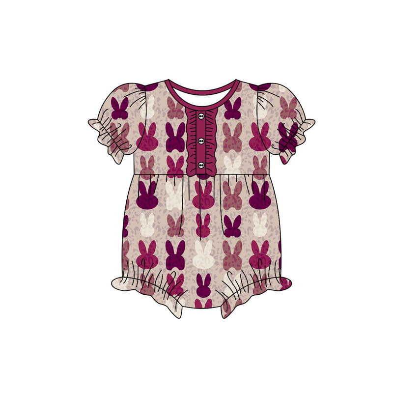 Preorder (moq 5)Baby Girls Hot Pink Rabbits Button Easter Ruffle Rompers