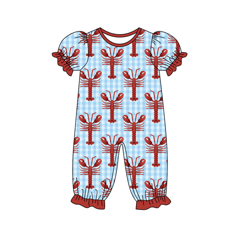 Preorder (moq 8)Baby Girls Blue Checked Crayfishes Ruffle Footie Rompers