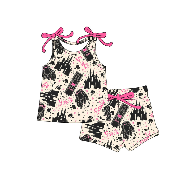 Preorder moq 5 Baby Girls Bows Sleeveless Cartoon Dolls Castle Top Short Set