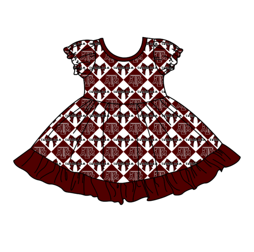 Preorder moq 5 Baby Girls Short Sleeve ATM Bows Checked Team Ruffle Knee Length Dresses
