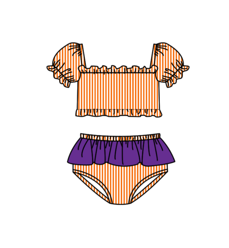 Preorder moq 5 Baby Girls Orange Stripe Vest Top Bummies Short Team Swimsuits