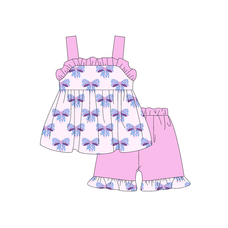 Preorder (moq 5)Baby Girls Pink Strap Leopard Bows Tunic Ruffle Short Set