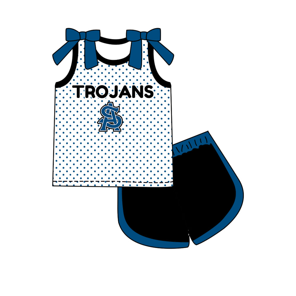 Preorder (moq 5)Baby Girls Bows Trojans Polka Dots Top Short Team Clothes Set