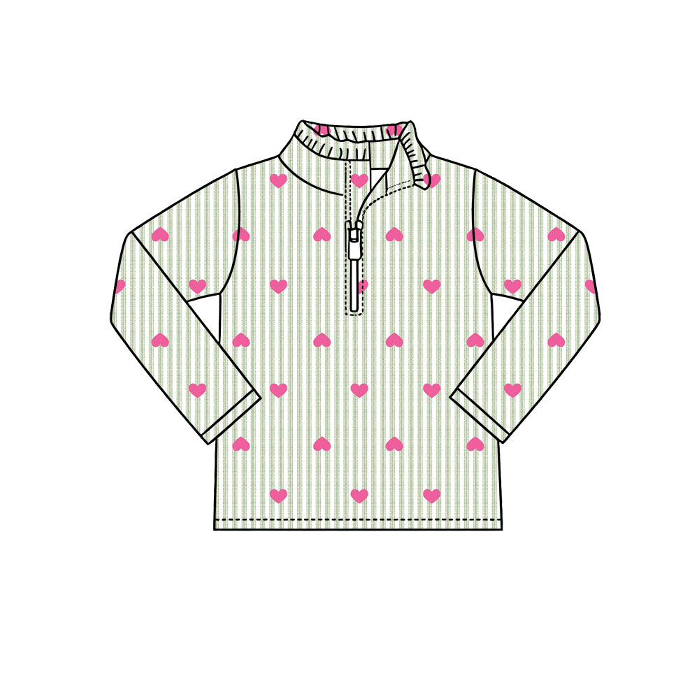 Preorder (moq 5) Baby Girl Clothes Green Stripe Pink Heart Allover Print Long Sleeve Half Zip Top