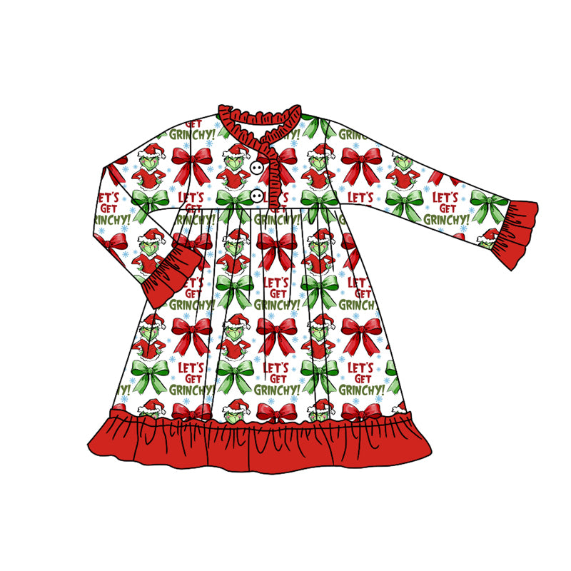 Preorder (moq 5)Baby Girls Christmas Let's Go Frog Ruffle Gown Knee Length Dresses