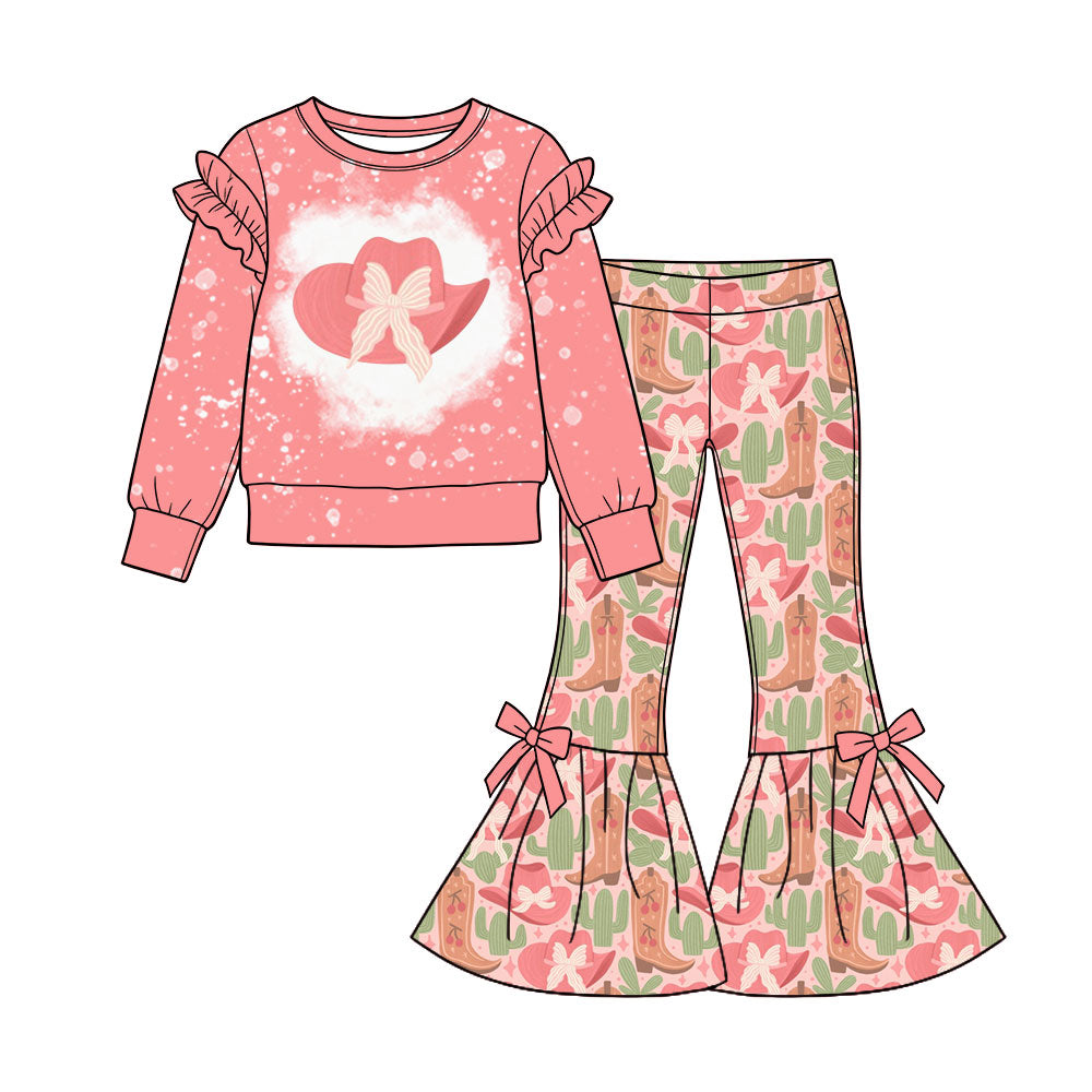 Preorder (moq 5) Baby Girl Clothes Cowgirl Hat Cactus Boot Mixed Print Long Sleeve Flare Pant Set