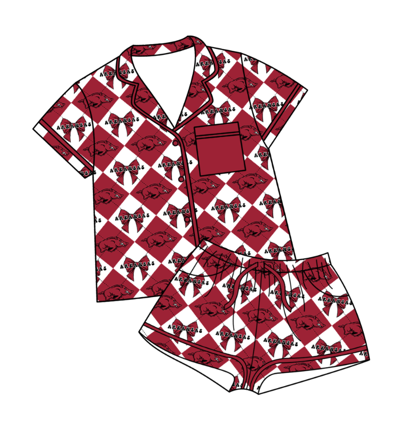 Preorder (moq 5)Baby Girls Team Bows Checked Button Pocket Top Shorts Pajamas Sets