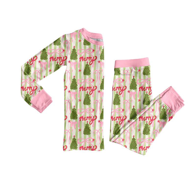 Preorder (moq 5)Baby Girls Long Sleeves Trees Bows Stripe Top Pant Pajamas Set