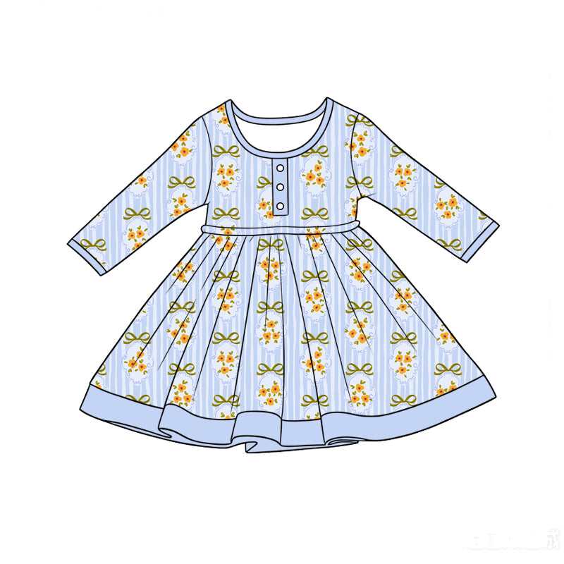Preorder (moq 5)Baby Girls Long Sleeve Blue Stripe Bows Flowers Button Ruffle Knee Length Dress