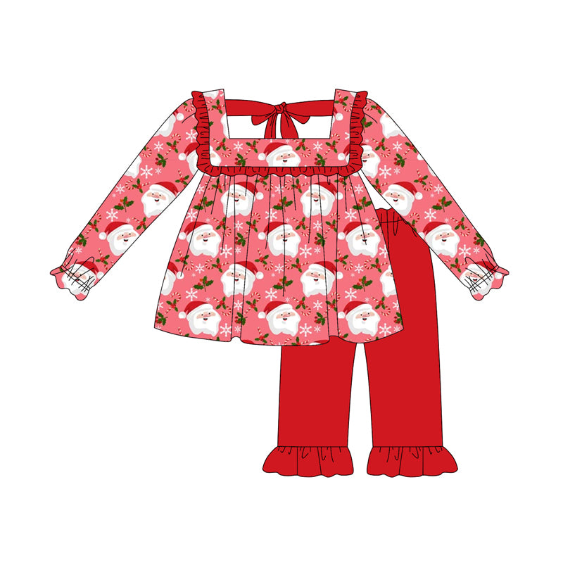 Preorder (moq 5)Baby Girls Short Ruffle Sleeves Santa Plaid Tunic Ruffle Pant Set