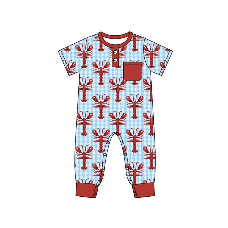 Preorder (moq 8)Baby Boys Blue Checked Crayfishes Button Pocket Footie Rompers