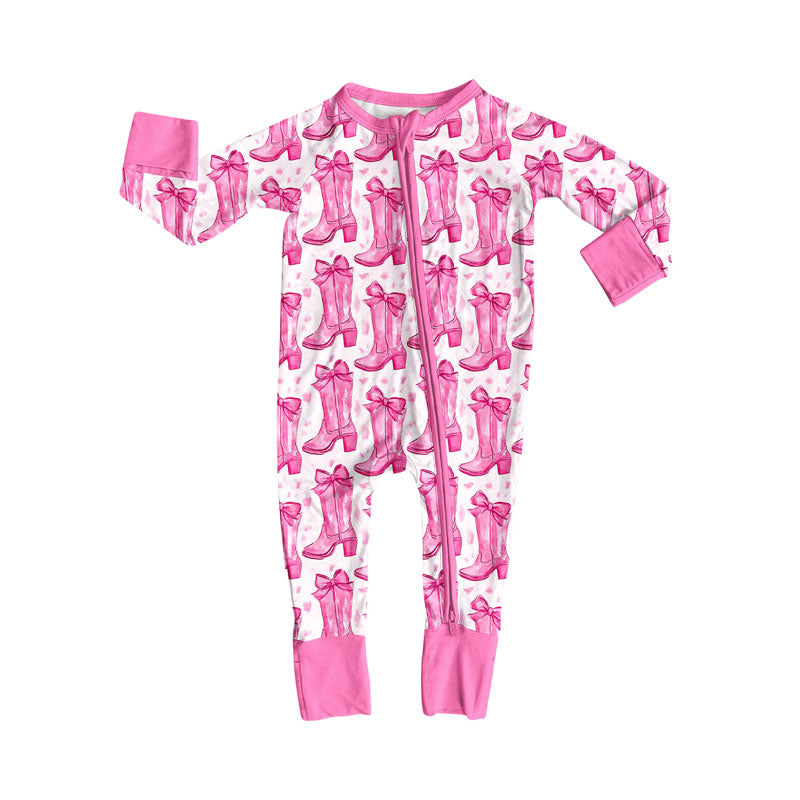 Preorder (moq 5)Baby Girls Pink Bows Boots Western Zipper Footie Rompers